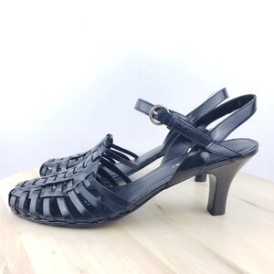 Naturalizer Fisherman Heeled Sandals Black Leather Kitty Heel Shoes Women's 8M